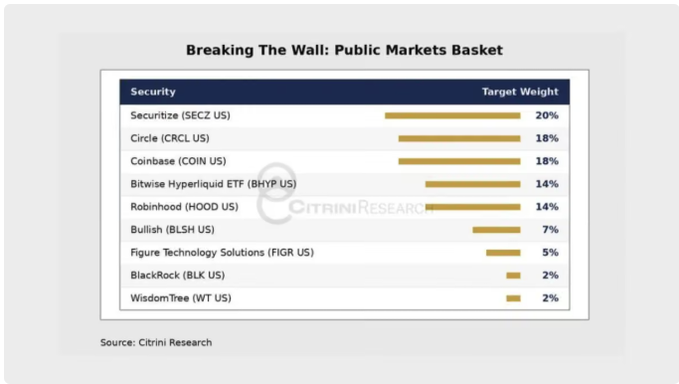 A Citrini Research chart titled 'Breaking The Wall: Public Markets Basket' listing target weights for securities including Securitize (SECZ US) at 20%, Circle (CRCL US) at 18%, Coinbase (COIN US) at 18%, Bitwise Hyperliquid ETF (BHY US) at 14%, and Robinhood (HOOD US) at 14%.