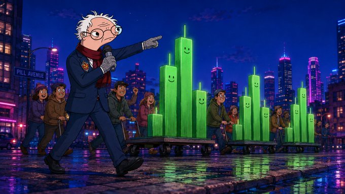 A cartoon-style illustration shows an elderly man with a microphone pointing toward a group pulling carts loaded with giant smiling green candles down a rainy city street at night, with a "PILL AVENUE" sign visible.