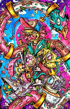 A colorful, chaotic illustration filled with cartoon-style fish, eyeballs, and abstract shapes in bright pinks, greens, blues, and yellows.