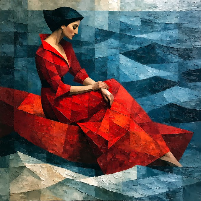 A cubist-style digital painting of a woman with dark hair wearing a flowing red dress, sitting against a geometric blue background.