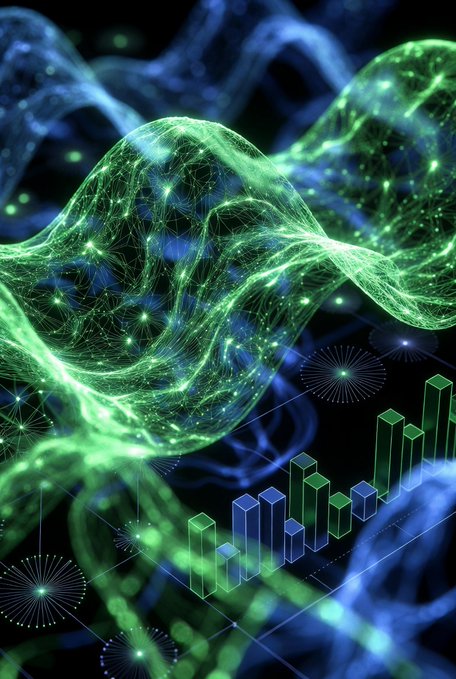 This image presents an abstract scene of a combination between two colors - green and blue. The green part depicts an unseen element or object, while the blue area appears to be filled with different shapes or forms that could possibly represent graphs or charts. In addition, there are several small circles scattered throughout the image in various sizes and positions, adding to its overall visual complexity.