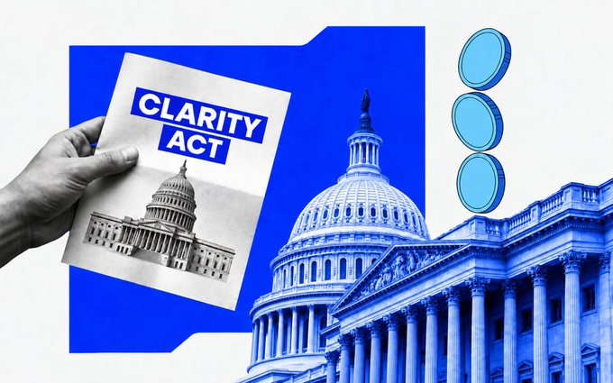 A political graphic about the 'CLARITY ACT' featuring a hand holding a booklet with the U.S. Capitol on the cover, alongside a blue-tinted image of the Capitol building and three blue circles.