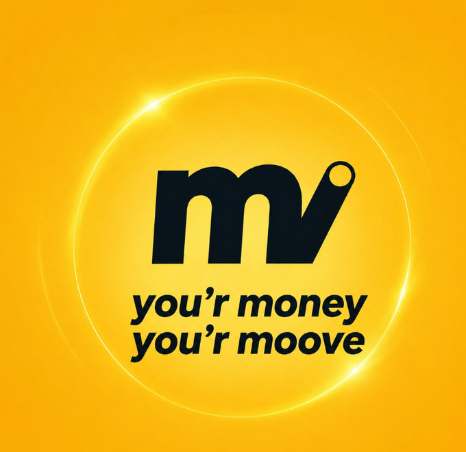 A yellow logo design featuring a stylized 'm' or 'mº' symbol inside a glowing circle with the tagline 'you're money you're moove' below it.
