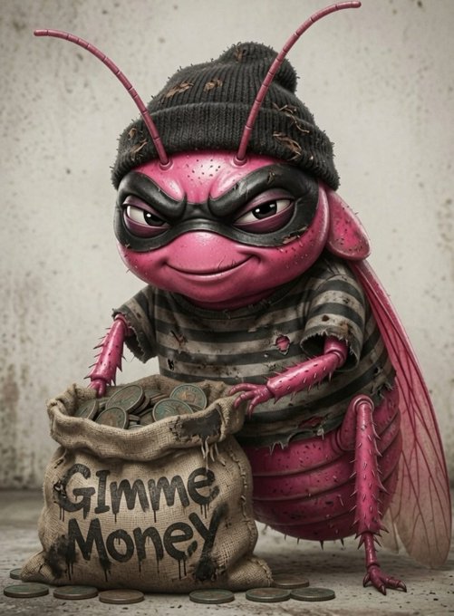 A grumpy pink bug wearing a knit beanie holds a burlap sack labeled "GIMME MONEY" filled with coins, fitting the "$PORK" theme of begging for cash. The insect's mischievous expression and outstretched claws emphasize its greedy, money-grubbing persona.