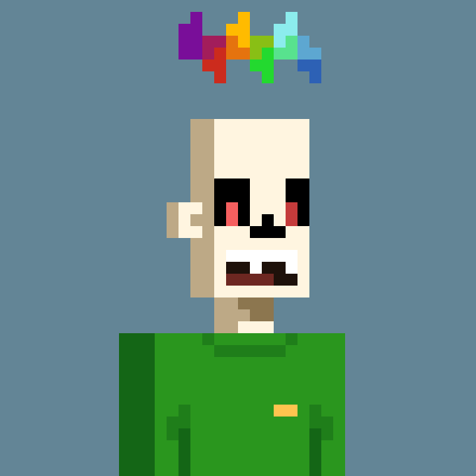 A pixel art illustration of a bald zombie-like character with red cheeks, wearing a green shirt, with colorful pixelated shapes floating above its head.