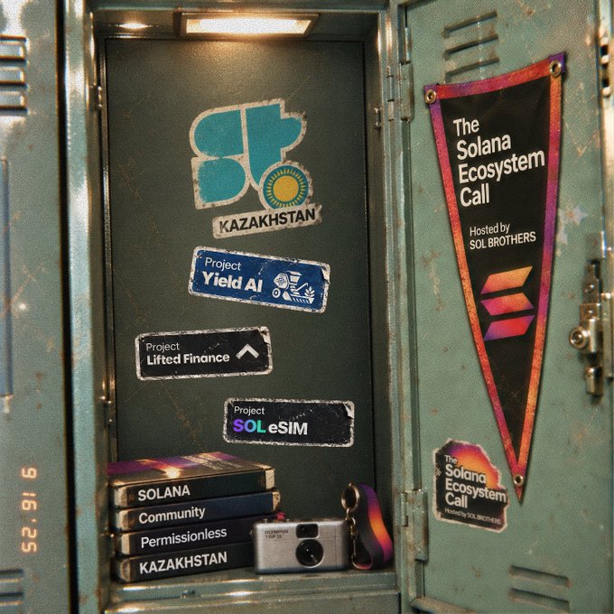 A photo of an open school locker decorated with stickers (Kazakhstan, Project Yield AI, Project Lifted Finance, Project SOLeSIM) and a 'The Solana Ecosystem Call - Hosted by SOL BROTHERS' pennant, with stacked books labeled SOLANA, Community, Permissionless, KAZAKHSTAN.