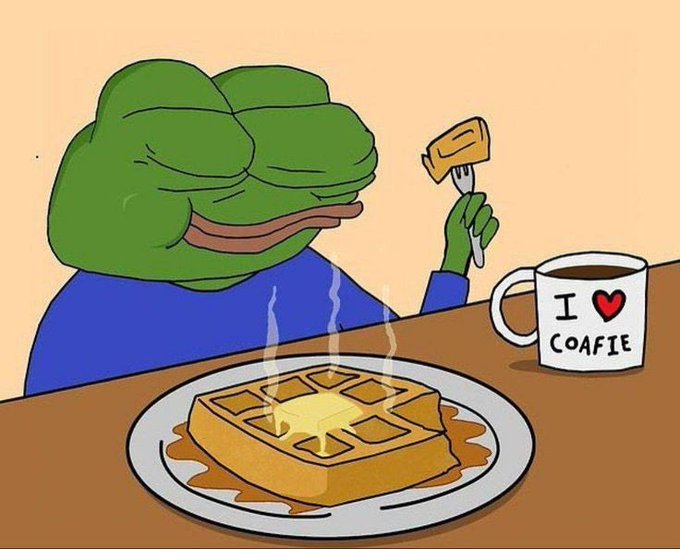 An illustration of Pepe the Frog eating a waffle with a fork at a table, next to a mug that reads 'I ♥ COAFIE'.