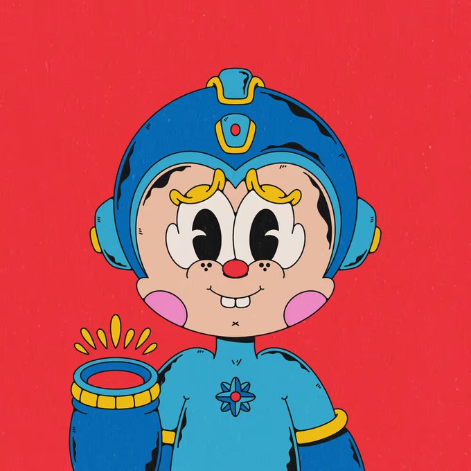 A cartoon illustration of a character with a blue helmet featuring a red gem, large eyes, and rosy cheeks, holding a blue pot against a solid red background.