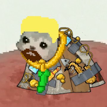A pixel art character with gray skin, blonde hair, and a wide toothy grin wears an ornate jacket with a green tie and gold accessories.