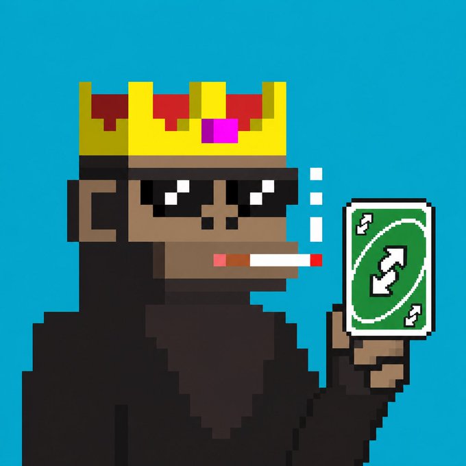 Pixel art of a character wearing sunglasses, a yellow crown, holding a green card with a swapping arrows symbol, and smoking a cigarette against a blue background.