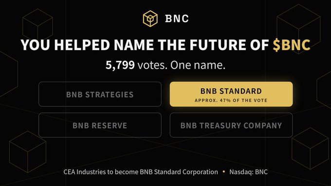 A promotional graphic for BNC announces 'YOU HELPED NAME THE FUTURE OF $BNC' with 5,799 votes, highlighting 'BNB STANDARD' as the winning name with approximately 47% of the vote, noting CEA Industries to become BNB Standard Corporation (Nasdaq: BNC).