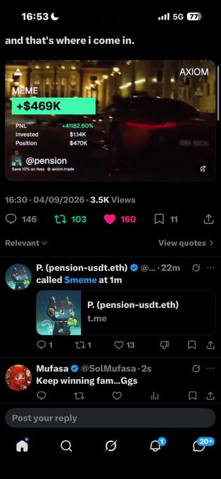 A mobile phone screenshot of a social media post showing a meme coin token called 'MEME' with a PNL of +$469K (+41182.60%), with related replies from accounts @pension--usdt.eth and @SolMufasa.