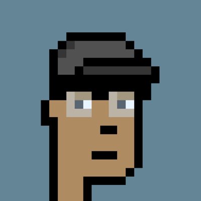 A pixel art portrait of a person with dark hair against a teal background.
