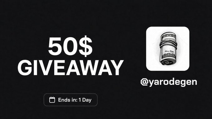 The image is a graphic announcing a "$50 GIVEAWAY" by @yarodegen, featuring a cartoon silver can and a countdown showing "Ends in: 1 Day." The promotion aligns with the post's instructions to follow @yarodegen, like/retweet, and reply with a Solana address to enter.