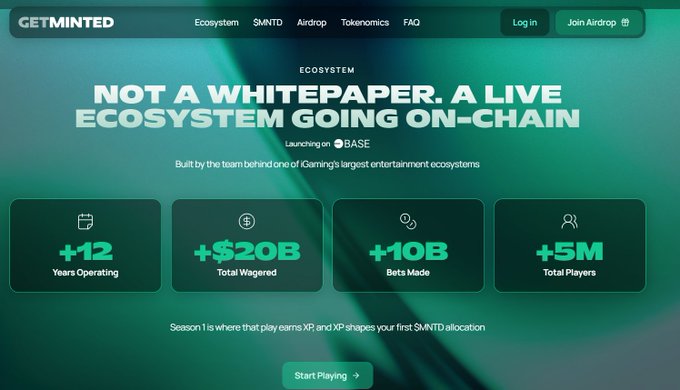 GETMINTED website promoting a live ecosystem launching on BASE, featuring stats like +12 Years Operating, +$20B Total Wagered, +10B Bets Made, and +5M Total Players, with a 'Start Playing' button.