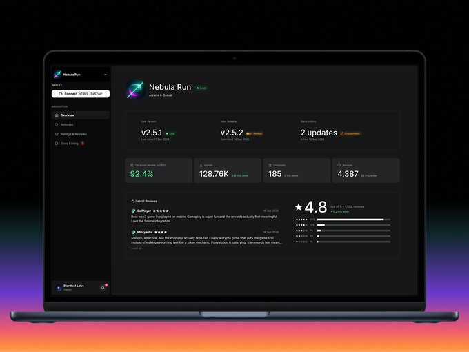 A laptop displaying a product analytics dashboard called 'Nebula Run' with metrics including 'Live Version v2.5.1', '128.76K Installs', and a 4.8 star rating.