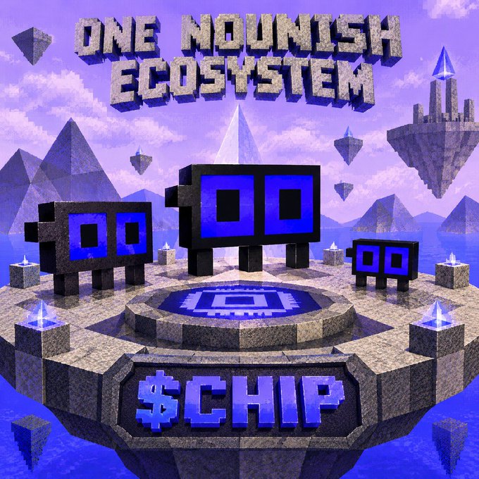 A pixelated, voxel-style digital artwork titled "ONE NOWNISH ECOSYSTEM" featuring three robot-like figures on a floating platform with "$CHIP" displayed on a sign.