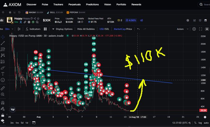 A cryptocurrency trading chart on the Axiom platform showing 'Hoppy /USD on Pump AMM' with numerous green and red bubble clusters, a yellow hand-drawn annotation pointing to '$110K' as a price target.