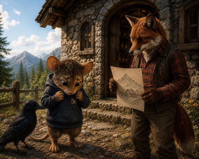 An anthropomorphic fox wearing a vest and holding a drawing, standing next to a small mouse-like creature in a hoodie and a black bird outside a stone cottage.