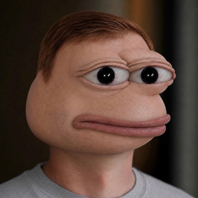 A surreal 3D rendering shows a human head with an exaggerated, rounded shape, oversized protruding eyes, and a wide flat mouth, looking blankly to the side.