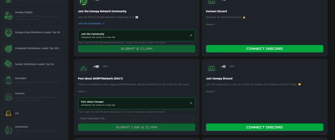 A screenshot of a website interface with options to join the 'Canary Network Community' on Discord, submit posts about '#CRPTNetwork (SALT)', and connect Discord accounts, featuring green action buttons.