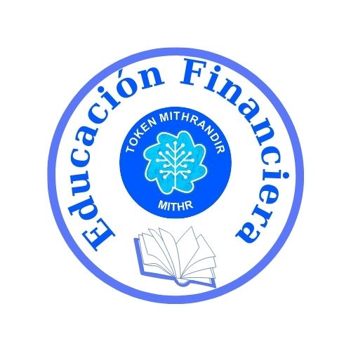 A circular blue logo reads 'Educación Financiera' around the perimeter, featuring 'TOKEN MITHRANDIR' and 'MITHR' alongside a tree symbol and an open book illustration in the center.