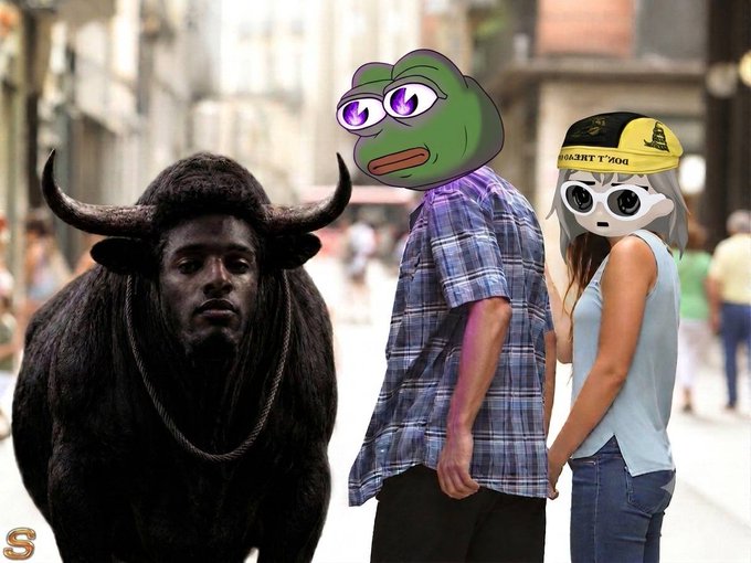 A black bull with a man's face stands next to a person wearing a purple plaid shirt with a Pepe the Frog cartoon face overlay, and a woman with a "Don't Tread on Me" yellow and black cap featuring a skeleton face, all on a city street. The meme image relates to the $PFP community's gesture of support, with the bull symbolizing strength and the Pepe character representing the community's playful crypto culture.