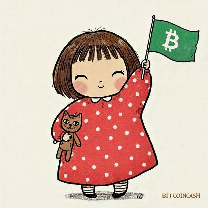An illustration of a smiling girl in a red polka-dot dress holding a small brown cat and waving a green flag with the Bitcoin "B" logo, with the text "BIT COINCASH" in the bottom right corner.