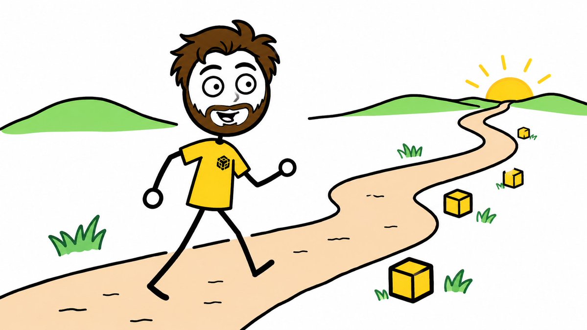 A cartoon illustration of a bearded man in a yellow shirt walking along a winding path through a green landscape with a rising sun and yellow cubes scattered on the grass.