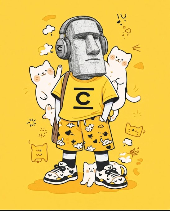 A cartoon illustration of a stone-faced character wearing a yellow '101' shirt and shorts, surrounded by white cats against a yellow background.