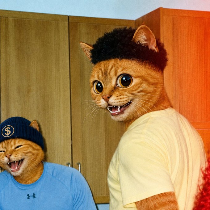 A humorous image showing two anthropomorphic orange cats—one wearing a blue beanie with a gold "$" emblem and an Under Armour shirt, the other sporting a black furry headband and a cream t-shirt—both with exaggerated facial expressions. The meme ties into a post asking to add the user "Kingstaccz" on FOMO and submit Solana addresses for potential airdrops, using the cats' attention-grabbing, meme-worthy poses to attract engagement from followers.