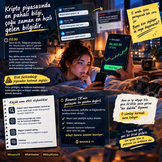 The image is a Binance TR promotional graphic showing a young woman lying in bed checking her phone, with a Bitcoin chart displaying BTC/USDT at 84,320.50 (+3.12%) visible alongside screenshots of Telegram messages from "Kripto Fırsatları," "Altcoin Takip," and "Kripto Analiz" groups, all highlighting the theme that the most expensive information in the crypto market is the one that arrives fastest.
