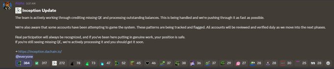 A Discord announcement from "Alohi" titled "Inception Update" states that the team is actively crediting missing QE and processing outstanding balances, while also flagging accounts suspected of gaming the system, with all activity to be reviewed as the next phases approach. The post echoes this update, directed at @dac_chain, emphasizing that genuine participants will have their positions protected.