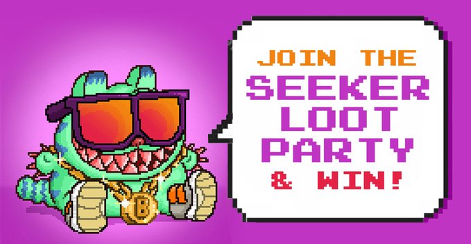 A pixel art green monster wearing orange sunglasses and a Bitcoin chain says "JOIN THE SEEKER LOOT PARTY & WIN!" in a speech bubble, promoting a $100 $GCATS giveaway challenge with Solana App World.