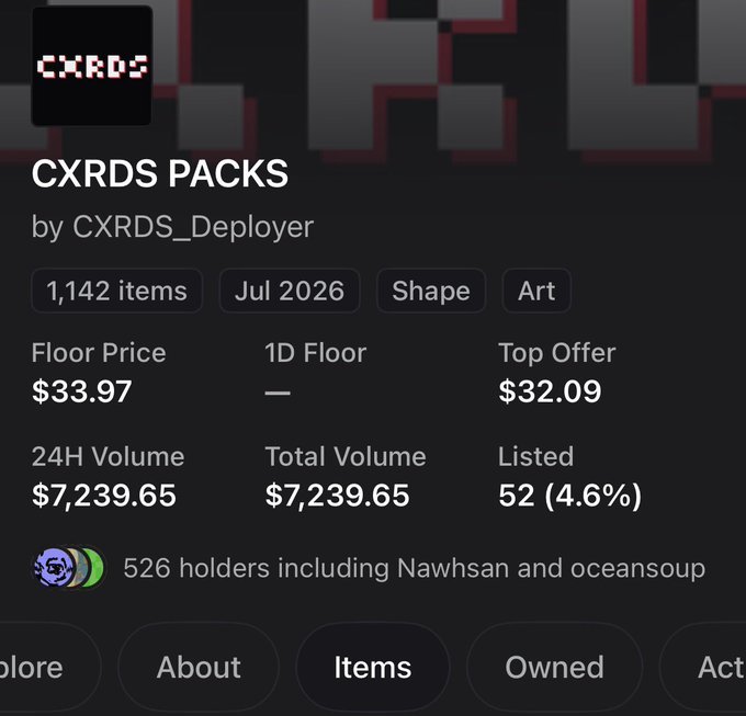 A marketplace listing for 'CXRDS PACKS' by CXRDS_Deployer, showing 1,142 items, a floor price of $33.97, top offer of $32.09, and 526 holders including Nawhsan and oceansoup.