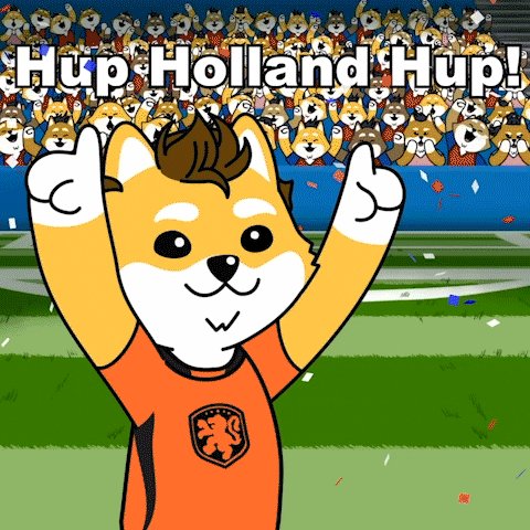 An animated Shiba Inu dog wearing an orange Netherlands national team jersey stands on a soccer field with arms raised in celebration, set against a backdrop of a stadium filled with cheering dog fans. The text "Hup Holland Hup!" appears in bold letters at the top, while confetti falls around the cheering crowd.