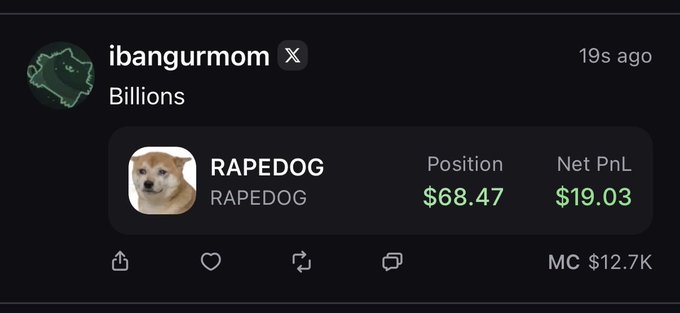 A screenshot from the Pumpfun app shows a user "ibangurmom" posting "Billions" with a trade on the $RAPEDOG token, displaying a position of $68.47 and a Net PnL of $19.03, with a market cap of $12.7K, reflecting the "just another day" sentiment of a small memecoin trade.
