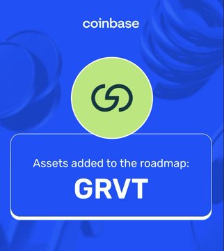 The image is a Coinbase announcement graphic with a blue background, featuring the Coinbase logo at the top and a green circular emblem in the center, with a banner stating "Assets added to the roadmap: GRVT." This aligns with the post's first airdrop highlight, confirming Grvt ($GRVT) as one of the tokens on the listing roadmap.