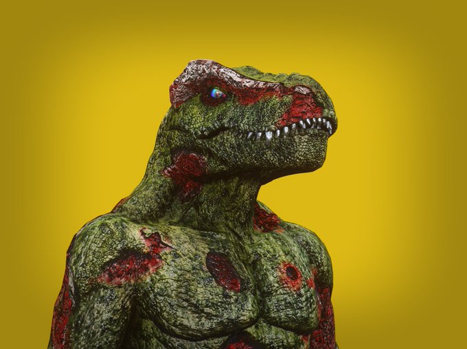A digitally rendered, mossy green reptilian creature with a muscular humanoid upper body, sharp teeth, and patches of red flesh stands against a bright yellow background.