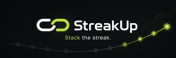 A promotional graphic featuring the brand "StreakUp" with its green chain-link logo and the tagline "Stack the streak." set against a dark background with an ascending line graph, visually reinforcing the post's invitation to join the StreakUp task on TaskON for a chance to earn 100 USDT by August 24.