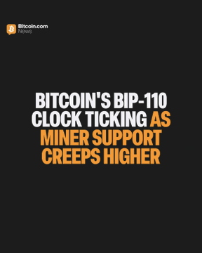 A black graphic from Bitcoin.com News features the headline "BITCOIN'S BIP-110 CLOCK TICKING AS MINER SUPPORT CREEPS HIGHER" in white and orange text, visually announcing the gradual increase in miner signaling for the Bitcoin Improvement Proposal as its activation block approaches.