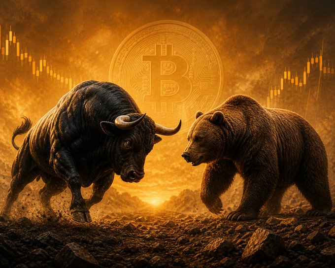A dramatic illustration depicting a bull and bear facing off in a confrontational stance, with a Bitcoin symbol and candlestick charts in the fiery orange background.