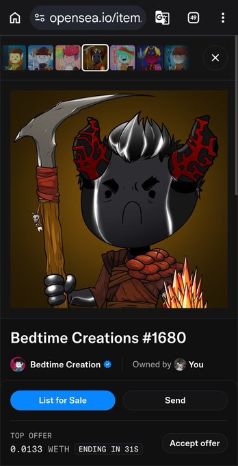 An OpenSea listing page showing a digital NFT artwork titled "Bedtime Creations #1680" featuring a dark horned character holding a scythe, with a top offer of 0.0133 WETH.