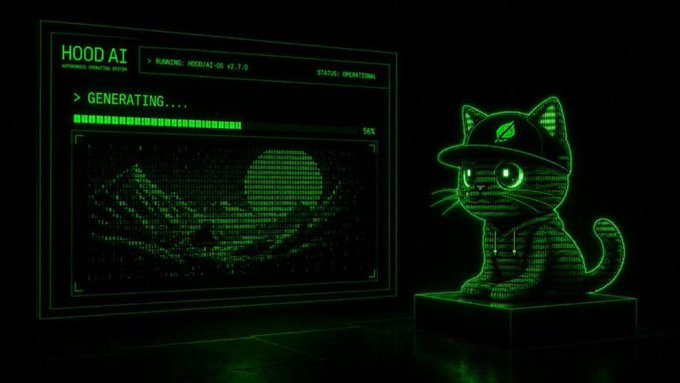 A green holographic screen displays "HOOD AI - Personal Operator Node" running "MOD/AI-OS v2.7.0" at 56% generation progress, alongside a digital cat figure wearing a leaf cap, promoting a giveaway of 4 GTD for the HoodAI project with entry requirements to follow, like, and retweet.