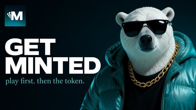 A promotional graphic featuring a white bear wearing black sunglasses, a teal puffer jacket, and a gold chain, with the text 'GET MINTED - play first. then the token.' and an 'M' logo.