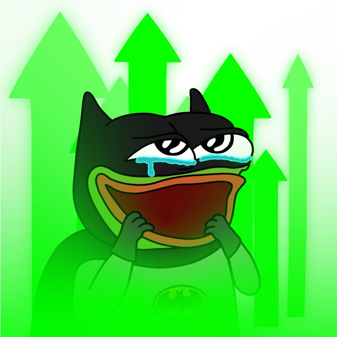 A cartoon Pepe-style frog character with tears in its eyes pulls its mouth open to show a wide smile, set against green upward-pointing arrows.