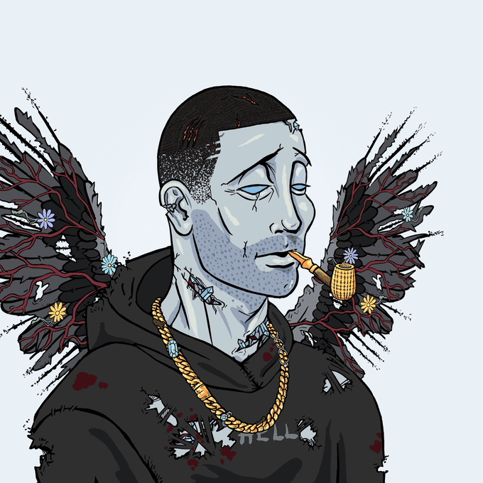 An illustrated portrait of a pale-skinned man with dark wings, smoking a pipe, wearing a torn black hoodie and a gold chain.