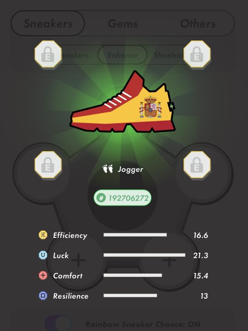 The image shows a shoe with a red sole, yellow top, and a Spanish flag design on the side of it. The shoe appears to be a sneaker or sports shoe, possibly from Spain. The background of the image has a green glow, which could indicate that the photo was taken in a brightly lit room or under specific lighting conditions.