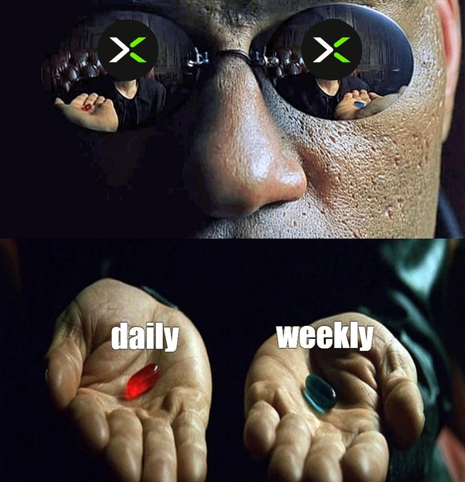 Two-panel meme referencing The Matrix, featuring Morpheus holding out a red 'daily' pill and a blue 'weekly' pill, with the 'X' logo from the X social media platform edited onto the lenses of his sunglasses.