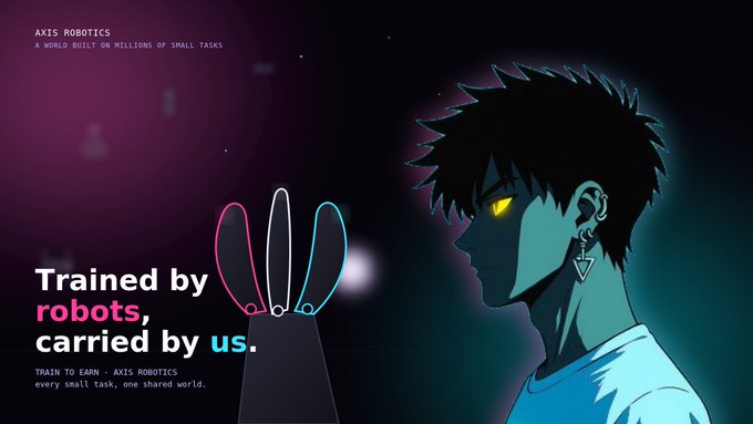 A dark promotional banner for 'AXIS ROBOTICS' subtitled 'A WORLD BUILT ON MILLIONS OF SMALL TASKS', featuring anime-style artwork and the slogan 'Trained by robots, carried by us. TRAIN TO EARN · AXIS ROBOTICS'.